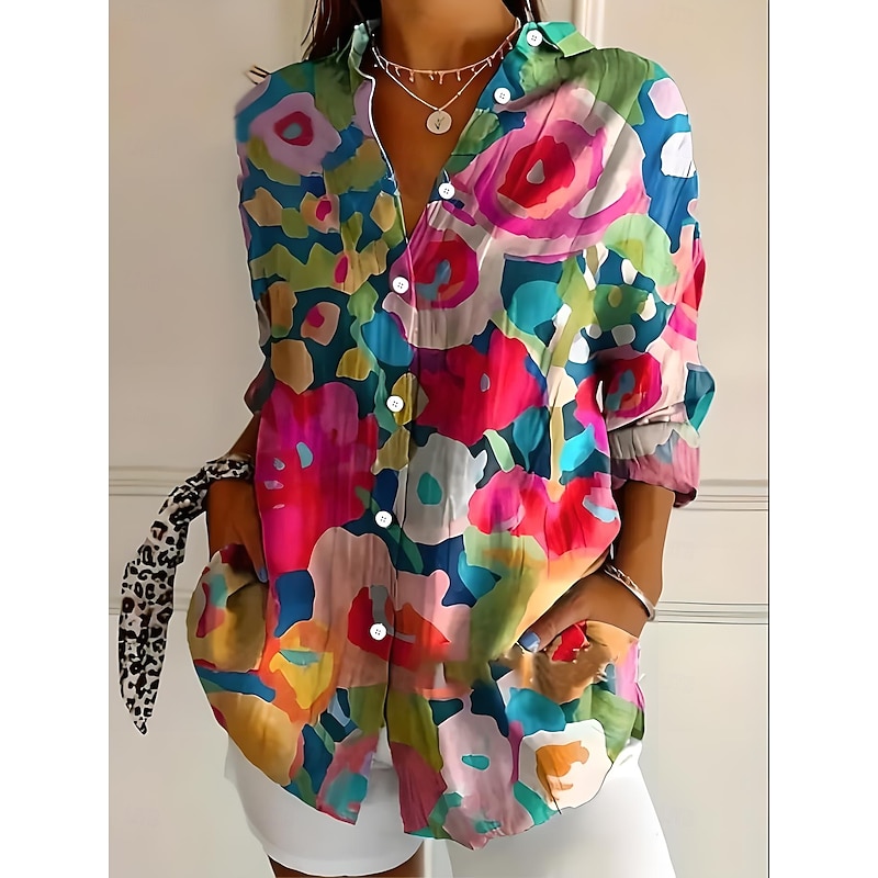Women's Shirt Button Down Tunic Shirt Collar Long Sleeve Ombre Floral Graphic Vintage Tropical Stylish Regular Tops Work Daily s Print White Pink Red Green Beige Spring Fall4