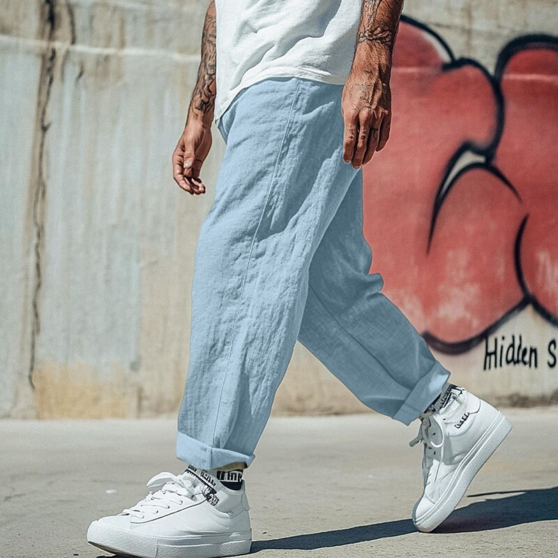 Men's Linen Pants Trousers Summer Pants Baggy Pants Beach Pants Drawstring Elastic Waist Straight Leg Plain Comfort Breathable Full Length Casual Daily Holiday Vacation Fashion Black White