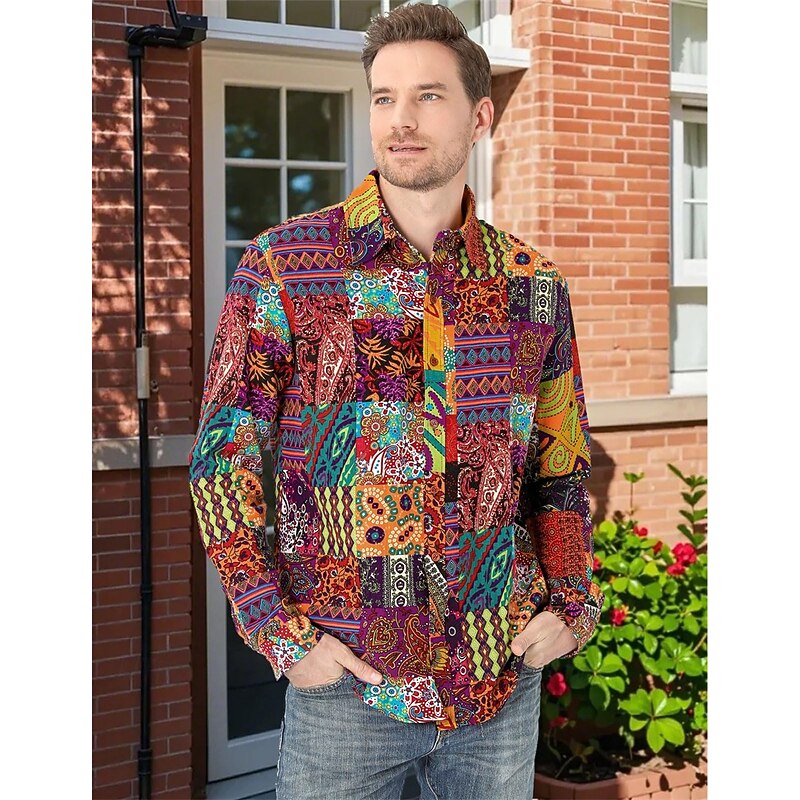 Retro Vintage Boho 1970s Shirt Hippie Patchwork Psychedelic Fancy Dress Men's Halloween Carnival Street Dance Retro Theme Party Festival Adults' Shirt2