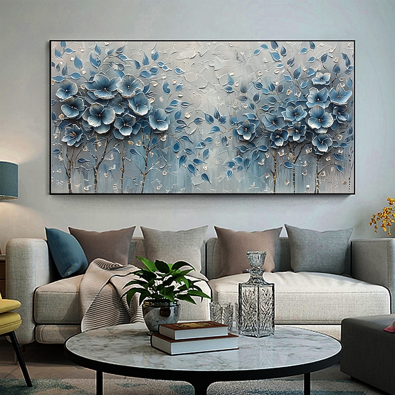 Handmade Original Blue Flowers Oil Painting On Canvas Abstract Tree Scenery Wall Art for Home Decor With Stretched Frame Without Inner Frame Painting3