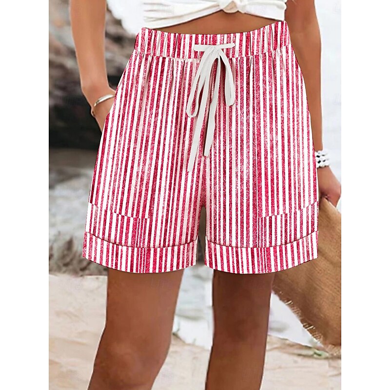 Women's Shorts Chinos Vacation Basic Casual Short Mid Waist Striped Elastic Waist Vacation Street Causal Ash Violet Robin's Egg Blue Red Summer Spring Regular Fit3