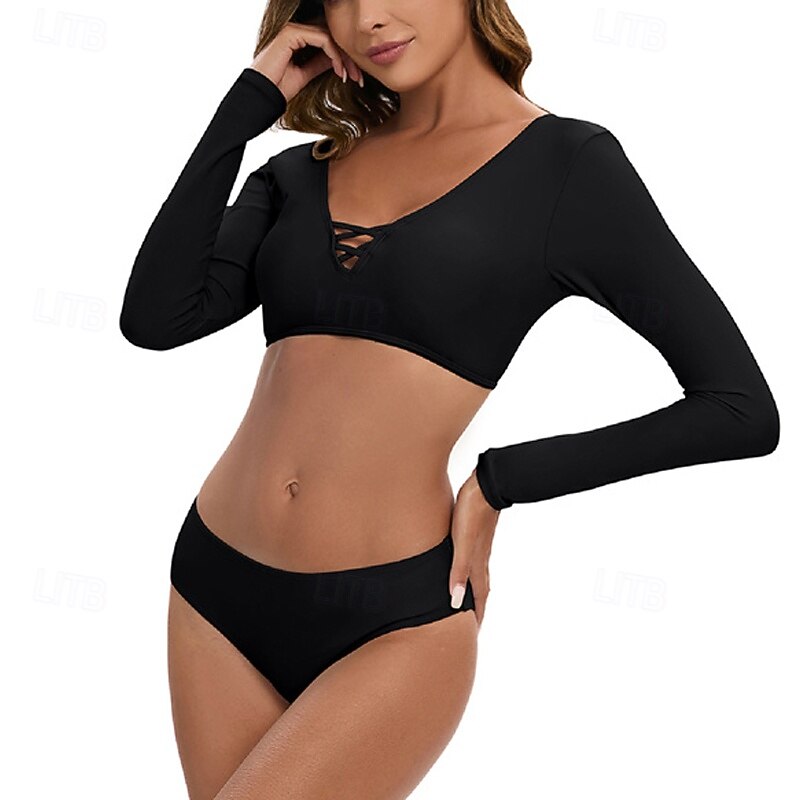 Women's Tankini Two Piece Swimsuit Open Back Swimwear Solid Colored Swimwear Black Breathable Quick Dry Long Sleeve - Swimming Surfing Snorkeling Summer 6