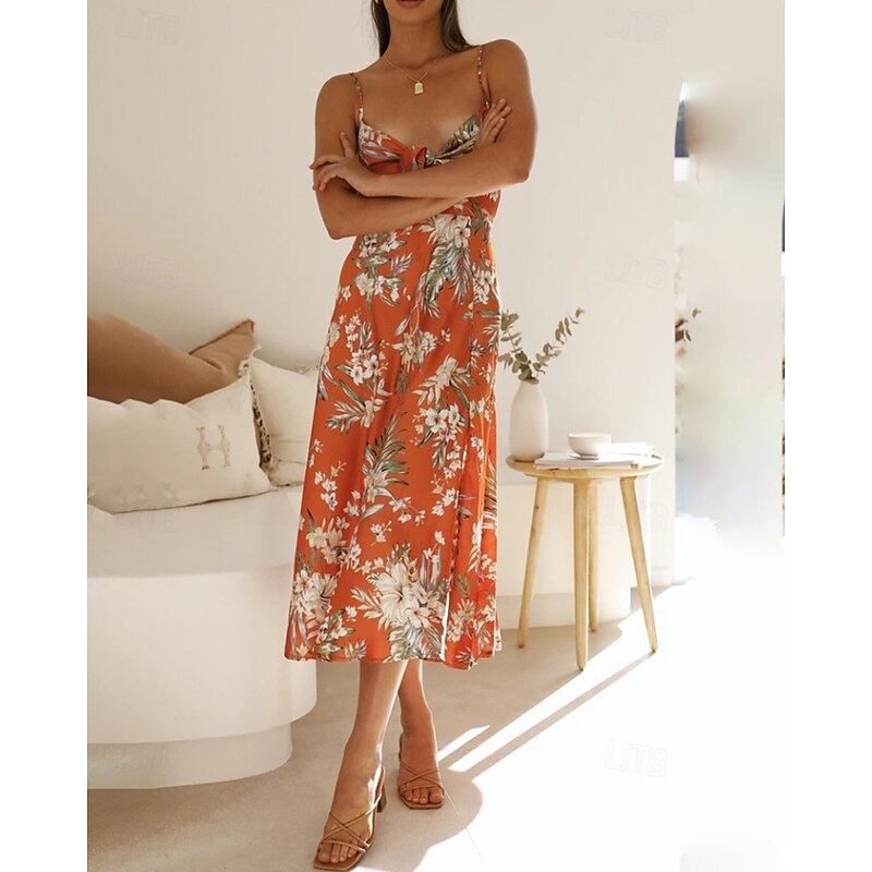 Women's Midi Dress Floral Dress Slip Dress Print Dress Modern Outdoor Daily Holiday Regular Fit Flower Sleeveless Spaghetti Strap Orange Green Summer2