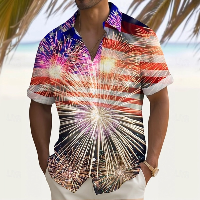 Independence Day Men's American US Flag Patriotic Fireworks Shirt Summer Shirt Button Up Shirt Short Sleeve Fashion Casual Holiday Summer Spring Turndown 3D Print Collared Shirts Front One Pocket Red