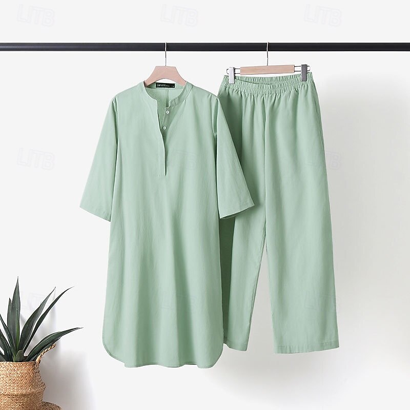 Women's Fashion Basic Cotton Linen Shirts Blouse Pants Sets Long Sleeve V Neck Solid Color Split Thigh Outdoor Casual Daily Light Green Army Green Dark Navy Summer Regular Fit2