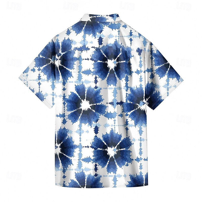 Men's Geometric Grid / Plaid Tie Dye Print Shirt Summer Shirt Button Up Shirt Short Sleeve Fashion Casual Outdoor Vacation Dailywear Summer Spring Turndown 3D Print Collared Shirts White2