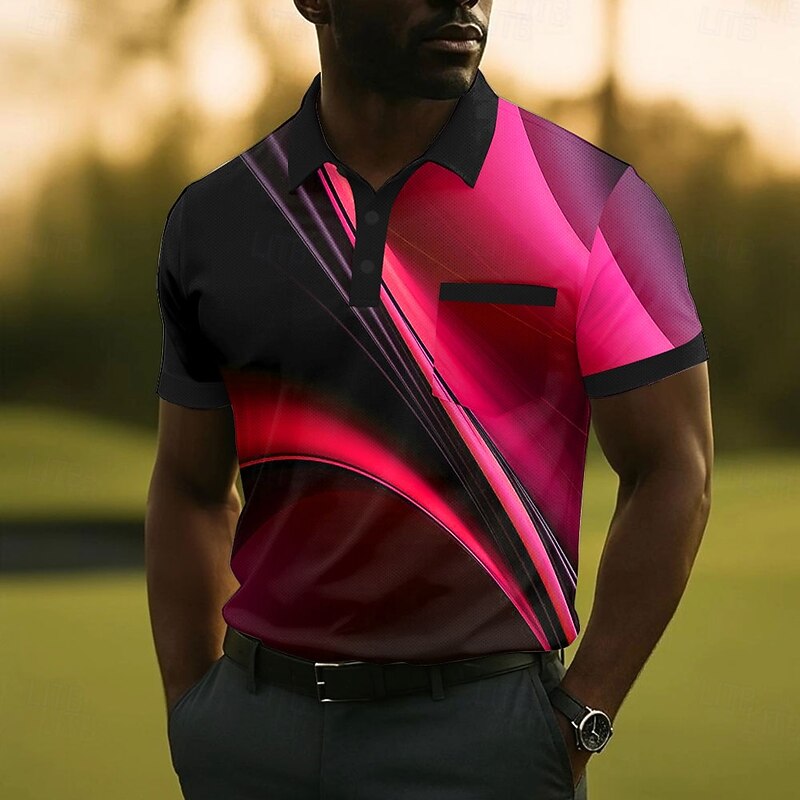 Men's Geometic Line Polo Short Sleeve Polo Shirts Collared Shirts Business Casual Outdoor Athleisure Daily Wear 3D Print Buttons Summer Yellow Red Blue3