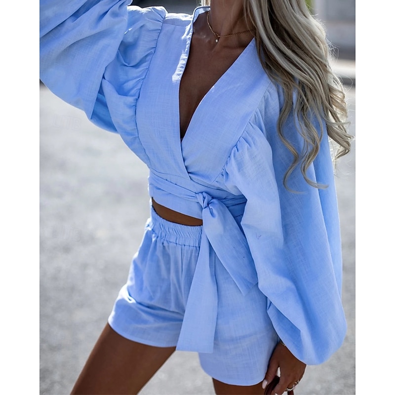 Women's Fashion Streetwear Cotton Linen Shirts Cotton Linen Sets Shorts Sets Short Sleeve Deep V Plain Print Daily Wear Date Blue Summer Regular Fit4