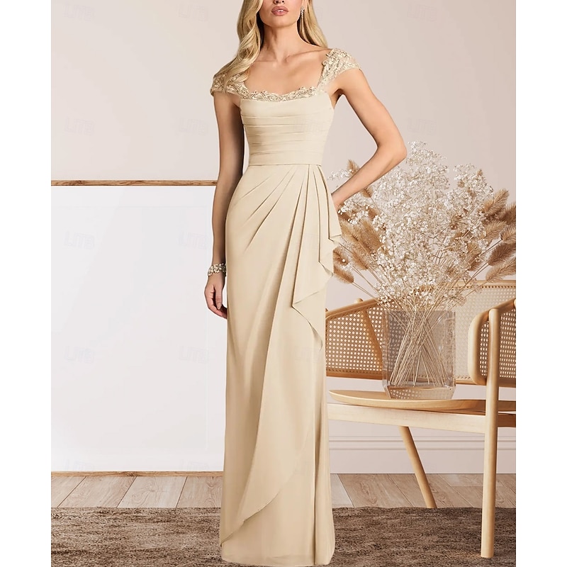 A-Line Mother of the Bride Dress Wedding Guest Elegant Sweetheart Floor Length Chiffon Cap Sleeve with Lace Ruching3