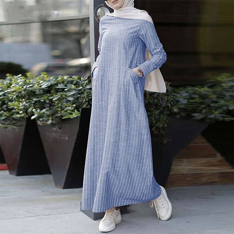 Women's Long Dress Maxi Dress Cotton Linen Dress Classic Modern Outdoor Vacation Holiday Regular Fit Striped Long Sleeve Crew Neck White Blue Gray Summer4