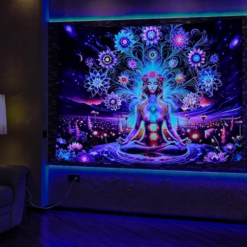 Blacklight Tapestry Glow in the Dark Glow Party UV Reactive Boho Mandala Chakara Trippy Misty Meditation Hanging Tapestry Wall Art Mural for Living Room Bedroom2
