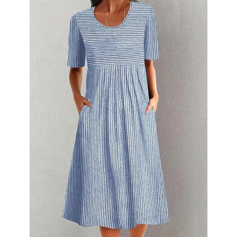 Women's Midi Dress A Line Dress Summer Dress Vacation Casual Daily Holiday Loose Fit Graphic Geometric Striped Half Sleeve Crew Neck Blue Gray Summer