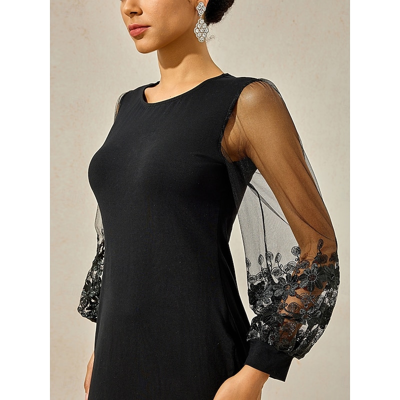 Women's Tea Length Black Dress Lace Dress Elegant Christmas Party Plain Long Sleeve Crew Neck Black Spring Fall Winter2