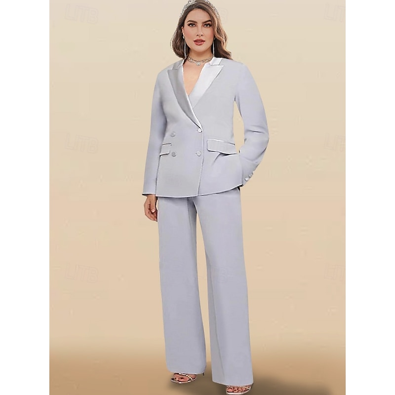 Women's 2 Pieces Suits Formal Wedding Guest Formal Evening Chiffon Elegant Simple Long Sleeve Ankle Length Peak Lapel Double Breasted2