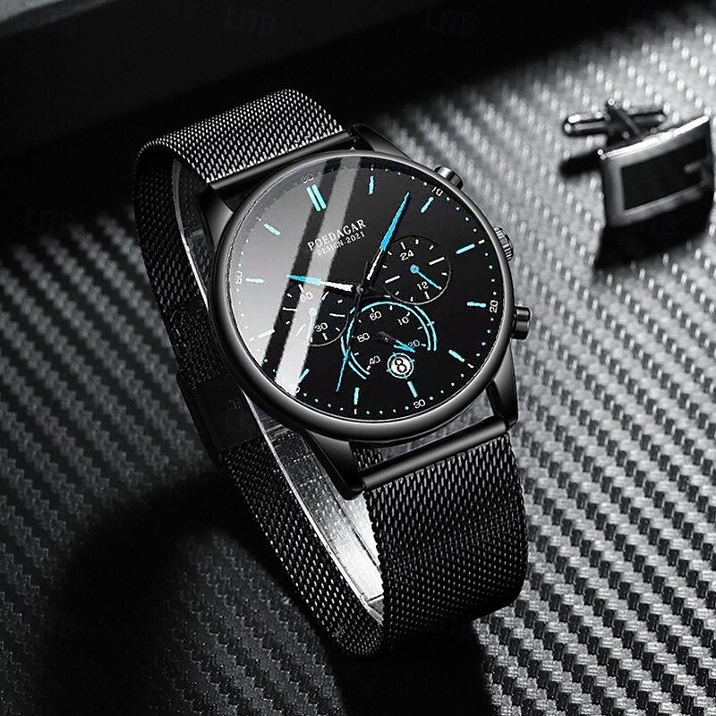 Fashion Men Watch Chronograph Stainless Steel Mesh Quartz Men's Wristwatch Waterproof Luminous Date Sports Man Watches3