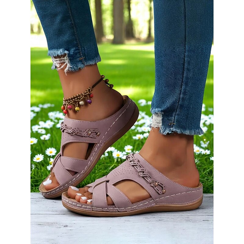 Women's Comfort Slide Sandals – Red Wide Strap Sandals with Cross Design, Ideal for Forest Walks and Leisure Days3