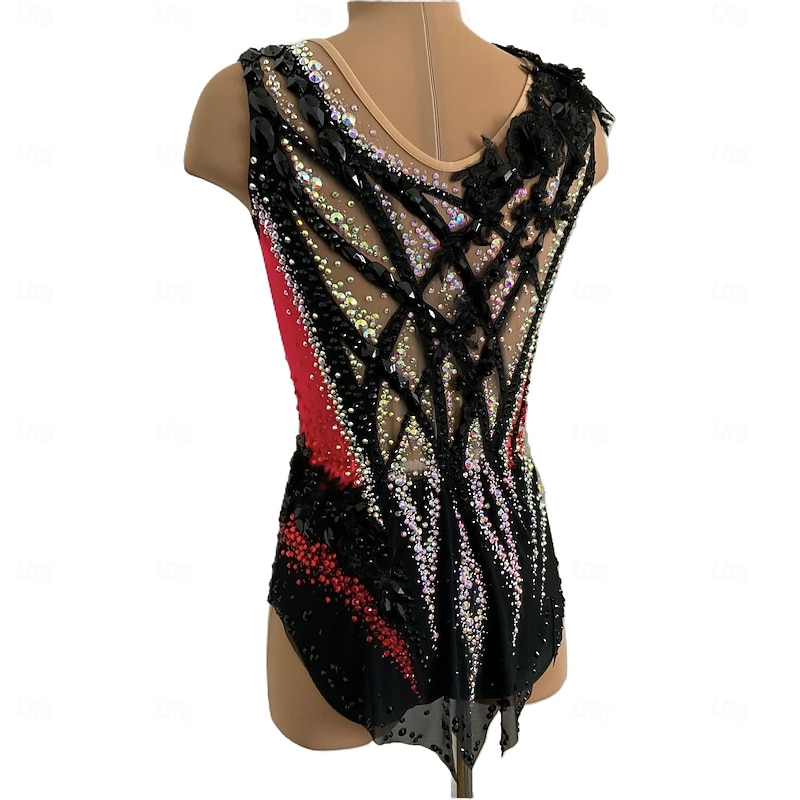 Rhythmic Gymnastics Leotard Women's Girls' Ice Skating Gymnastics Leotard Black Thumbhole Halo Dyeing High Elasticity Professional Competition Skating Wear Crystal / Rhinestone Sleeveless Ice Skating Figure3