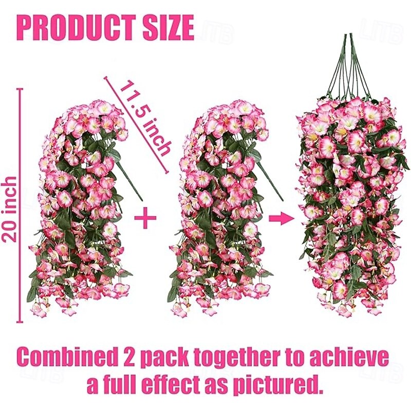 2 Pack Artificial Fake Hanging Flowers Plants for Outdoor Outside Spring Summer Decoration Faux Silk UV Resistant Realistic Morning Glory Trailing Vines for Home Porch Patio Balcony2