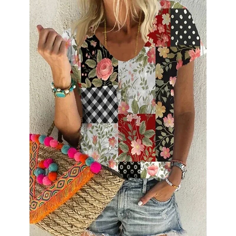 Women's T Shirt Floral Graphic Plants Bohemia Western Ethnic Short Sleeve V Neck Regular Tops Daily Going out Weekend Print White Red Blue Summer Spring4
