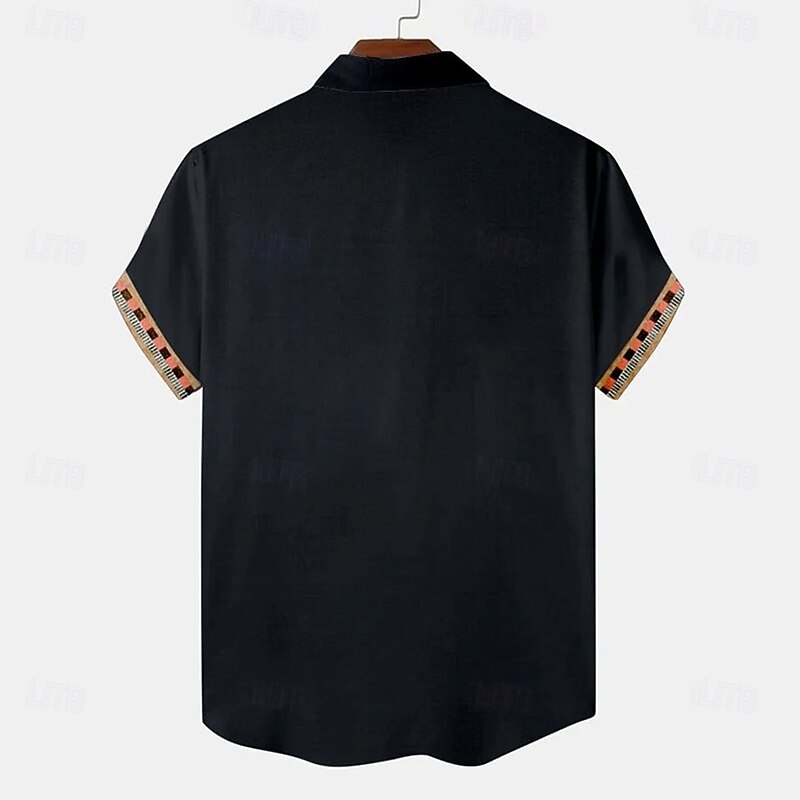 Men's Geometric Sun Ethic / African Shirt Button Up Shirt Short Sleeve Vintage Retro Vacation Dailywear Beach Wear Summer Spring Turndown 3D Print Linen Like Shirt Black2