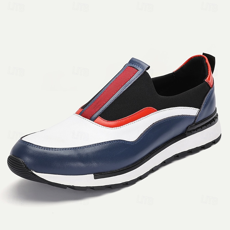 Men's White, Red and Navy Slip-on Leather Sneakers with Sporty Design - Modern, Casual, Ideal for Daily Wear and Active Lifestyle2