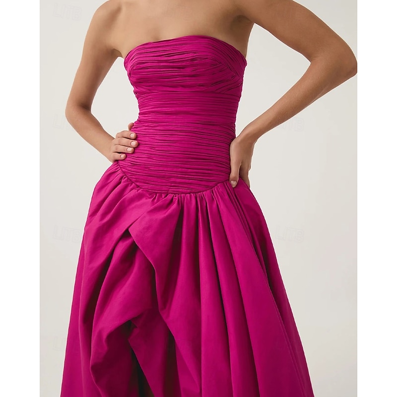 A-Line Evening Gown Bubble Dress Formal Semi Formal Wedding Floor Length Sleeveless Strapless Tafetta with Ruched Slit2