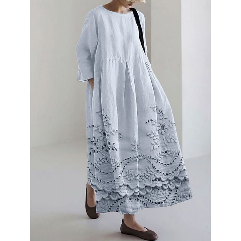 Women's Maxi Dress Sundress A Line Dress Summer Dress Vacation Casual Beach Daily Holiday Going out Loose Fit Floral Graphic Long Sleeve Crew Neck Boat Neck White Pink Blue Summer Spring