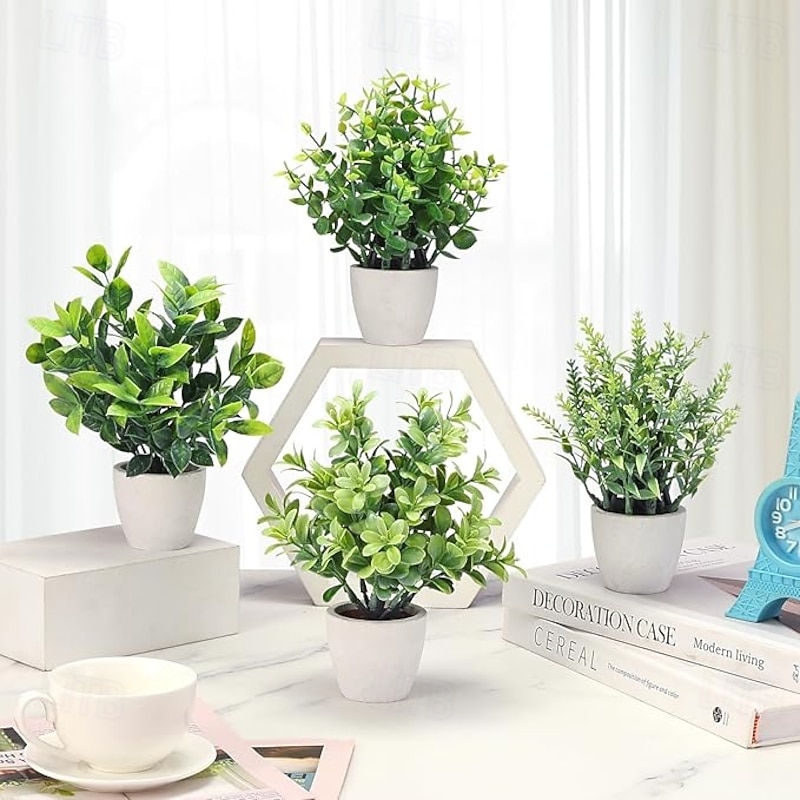 4 Pack Fake Plants Ceramic Mini Artificial Greenery Potted Plants for Home Decor Office Decor Room Decor Farmhouse Decor Indoor Table Bathroom Decor - Main Image