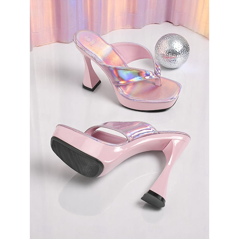 Women's Pink Iridescent Open-Toe Heels with Chunky Block Heel - Stylish High Heels for Nightlife Parties4