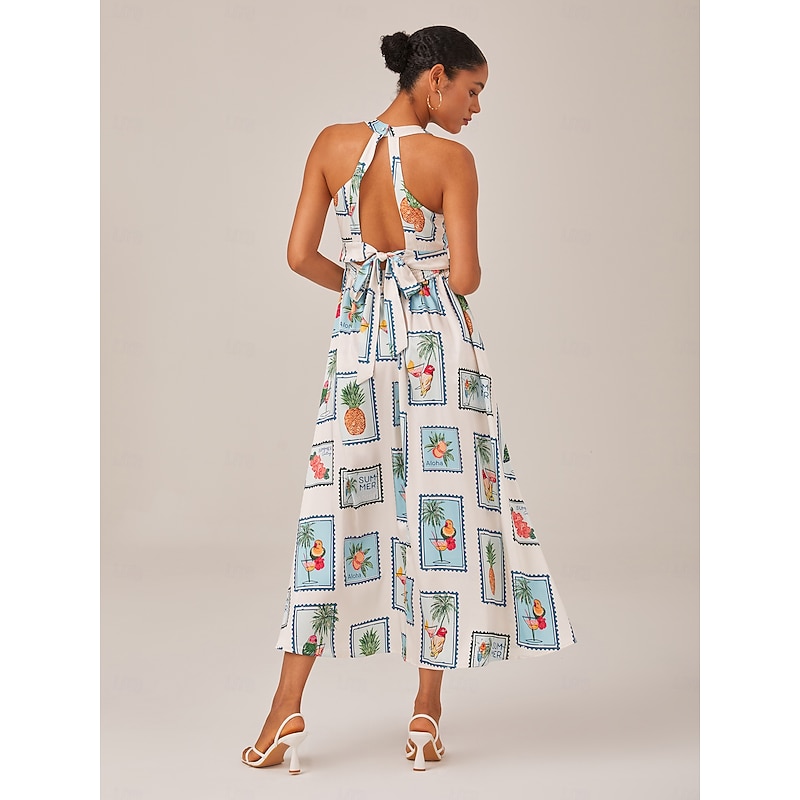 Seamless Pattern Print Halter Neck Maxi Dress2