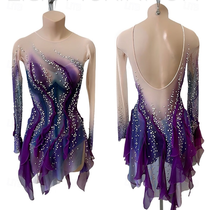 Figure Skating Dress Women's Girls' Ice Skating Dress Purple Patchwork Open Back Mesh High Elasticity Training Competition Skating Wear Classic Crystal / Rhinestone Long Sleeve Ice Skating Figure