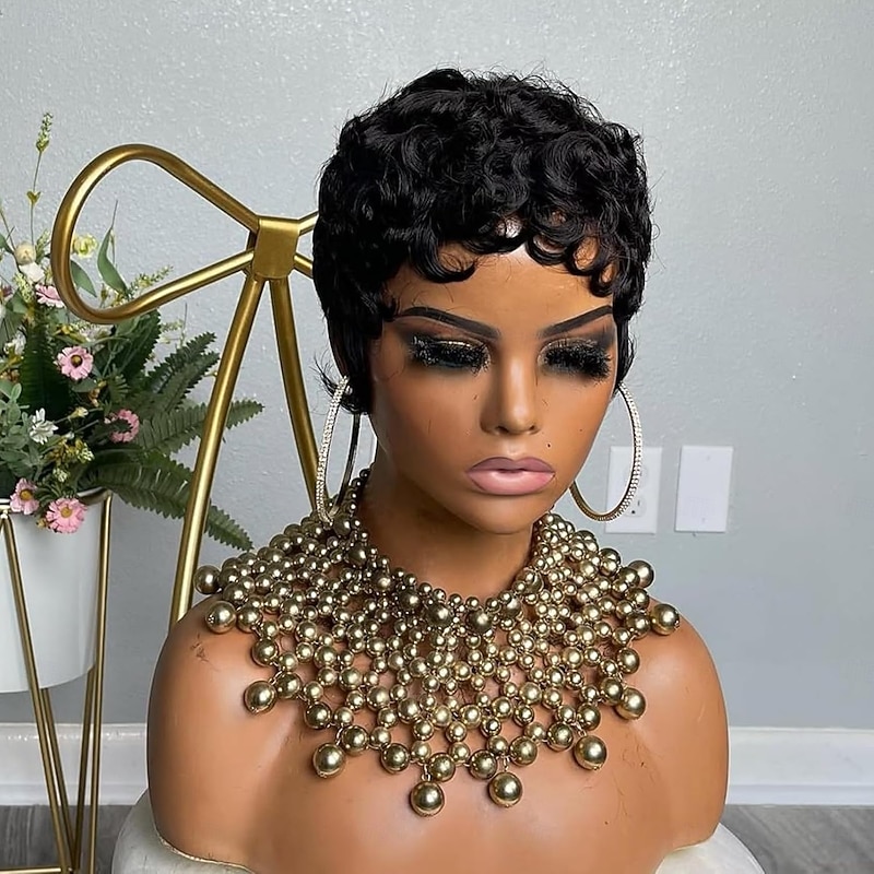 Human Hair Wig Short Medium Length Curly With Bangs Natural Black Easy dressing Machine Made Brazilian Hair Unisex All Natural Black #1B 4 inch Daily Wear3