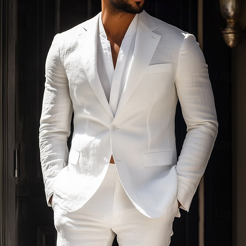 Men's Casual Linen Suits White Summer Fashion Casual Solid Colored Standard Fit 2 Piece Single Breasted Two-buttons