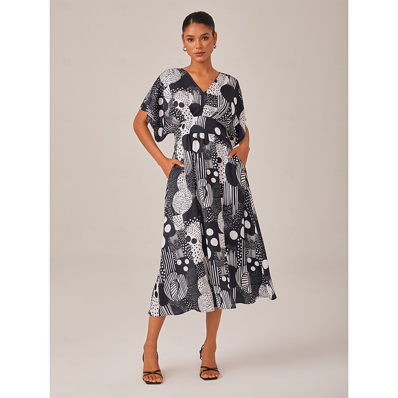 Women's Female Casual Dress Midi Dress Black-white Short Sleeves Geometric Print Summer V Neck Vacation XS S M