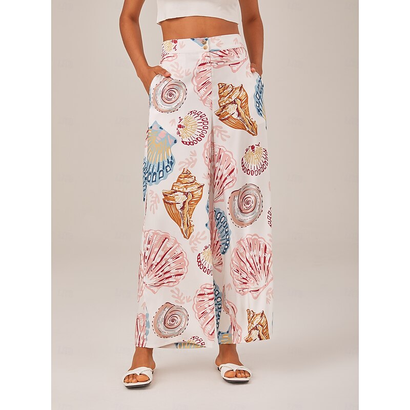 Shell Print Elastic Waist Wide Leg Pants