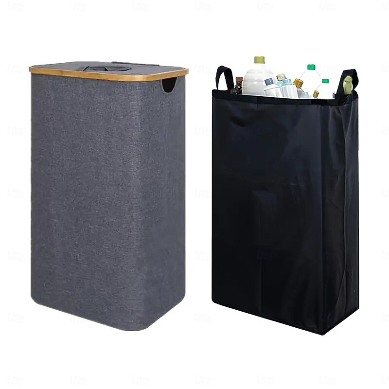 Recycling Bin for Kitchen Indoor Home, 100L Foldable Trash Can with Bamboo Frame, Removable Inner Bags, 4 Sturdy Support Rods, Multipurpose Waste Sorter for Bedroom Living Room Dorm Hotel