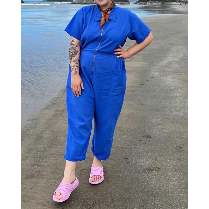 Women's Normal Cotton Linen Pants Streetwear Solid Color Short Sleeve Shirt Collar Zipper Going out Weekend Regular Fit Black Pink Blue Summer4