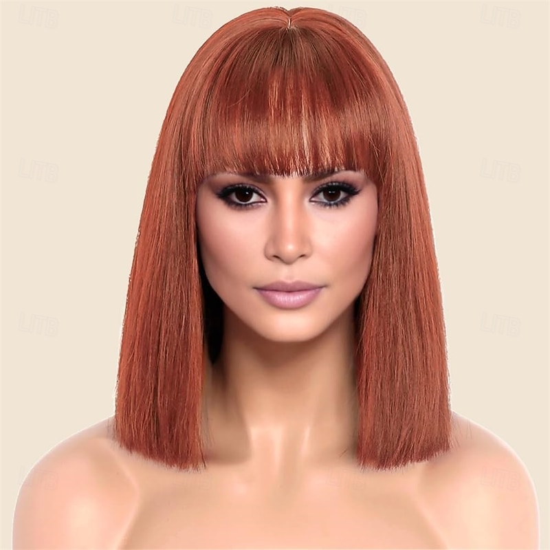 Short Straight Bob Auburn Wigs with Fringe Shoulder Length Hair Colorful Wig for Women Girls Heat Resistant Synthetic Wig for Cosplay Halloween Party 14 Inch 35cm Ginger Brown4
