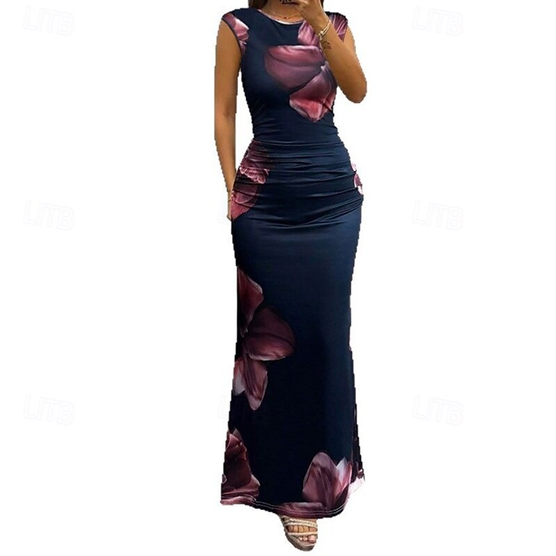 Women's Long Dress Maxi Dress Casual Dress Sheath Dress Fashion Outdoor Party Holiday Regular Fit Flower Short Sleeve Crew Neck Dark Blue Summer2