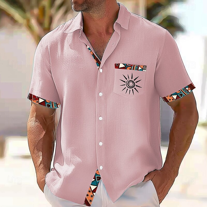 Men's Sun Tribal Ethic / African Shirt Button Up Shirt Short Sleeves Vintage Retro Casual Daily Summer Spring Turndown 3D Print Front One Pocket Linen Like Shirt Pink Blue Green Khaki4