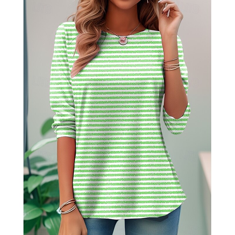 Women's T shirt Long Sleeve Crew Neck Long Sleeve Tunic Graphic Striped Elegant Vintage Regular Tops Daily Going out Weekend Print Pink Blue Purple Orange Green Prefall3