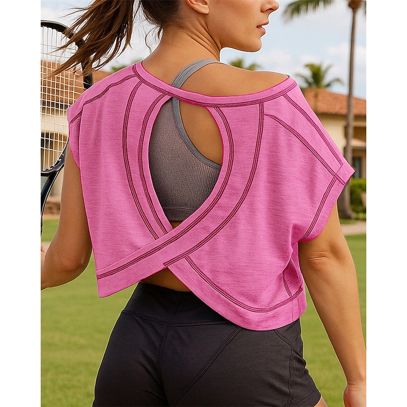 Women's Solid Colored Tennis Top Short Sleeves Backless Hole Sweat-Wicking Moisture Wicking Breathable Tennis Golf Pickleball Black Pink Gray Tennis Clothing4