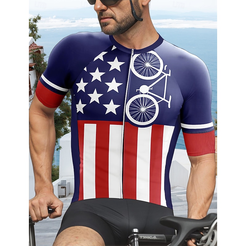 Men's Cycling Jersey Graphic Geometric Independence Day Short Sleeve Bike Tee Tshirt Jersey Top with 3 Rear Pockets UV Resistant Quick Dry Front Zipper Reflective Strips Sports Navy Blue Clothing