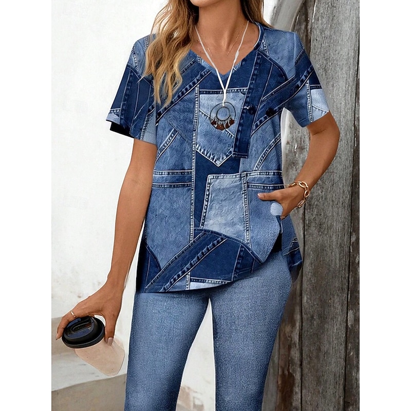 Women's Fashion Stylish T Shirt Shorts Sets Short Sleeve V Neck Graphic Geometric 3D Patchwork Print Casual Daily Black Ink Blue Light Blue Summer Regular Fit2