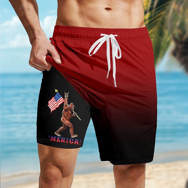 Independence Day Men's US Flag Patriotic Lined Shorts 2 in 1 Board Shorts Swim Trunks Mid Waist Holiday Side Pockets With Compression Liner Elastic Drawstring Waist Designer Clothing Apparel