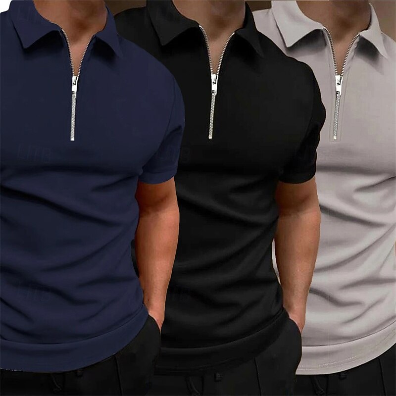 Multi Packs 3pcs Men's Lapel Short Sleeves Grey+Green+Black Quarter Zip Polo Golf Shirt Golf Polos Shirts Quarter Zip Plain Vacation Daily Wear Polyester Summer2