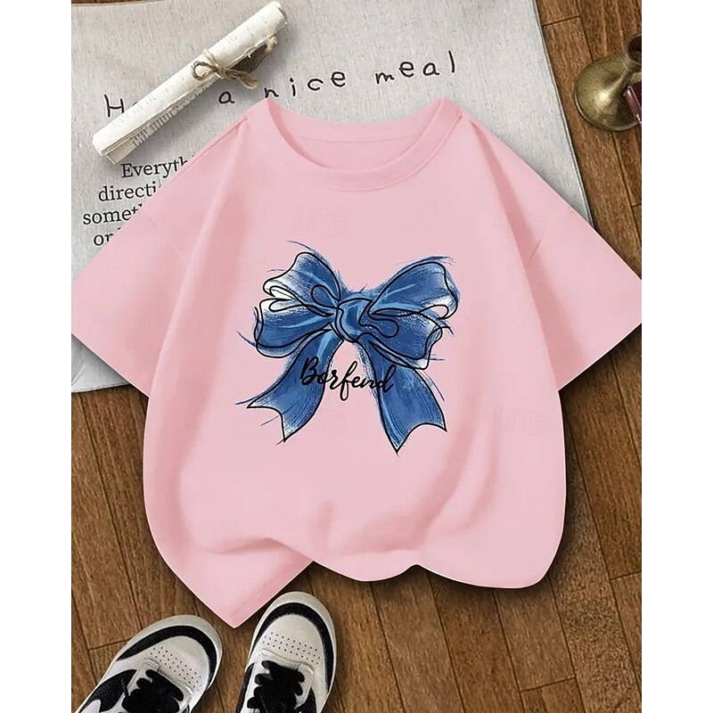 Girls' 3D Bow tie T shirt Tee Short Sleeve Summer Spring Fashion Basic Kids 4-12 Years Crew Neck Outdoor Casual Daily Regular Fit3