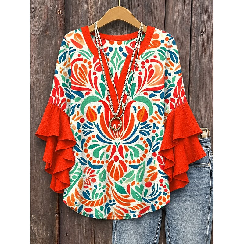 Women's Blouse V Neck Layered Ruffle Sleeve Tops Floral Graphic Bohemia Vintage Daily 3/4 Length Sleeve Regular Tops Daily Holiday Vacation Wear Print White Blue Dusty Blue Orange Summer Spring Fall3