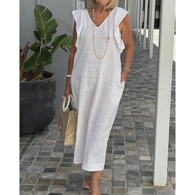 Women's Long Dress Maxi Dress Cotton Linen Dresses Casual Dress Fashion Outdoor Party Holiday Regular Fit Plain Sleeveless V Neck Black White Navy Blue Summer2