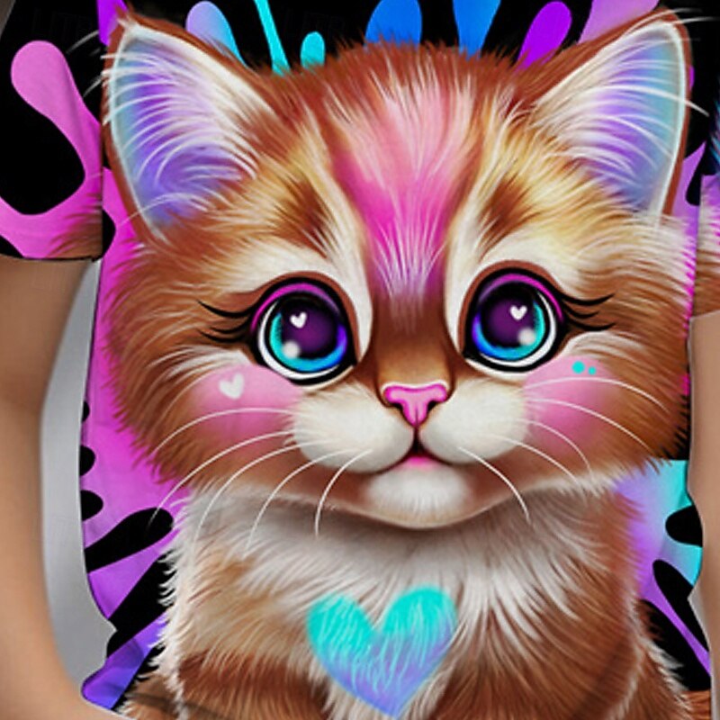 Lil Kitty by Sheena Pike Girls' 3D Cat T shirt Tee Short Sleeve Summer Spring Fashion Basic Kids 4-12 Years Crew Neck Outdoor Casual Daily Regular Fit2